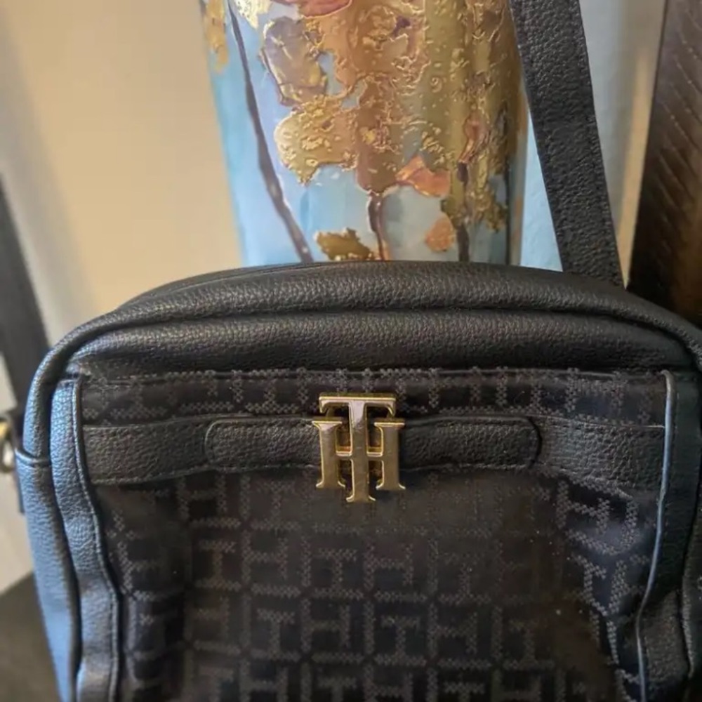 Tommy Hilfiger Black Messenger Bag with Monogram Pattern